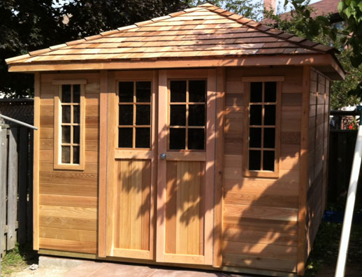 10×10 hip roof cedar sidingand cedar roof $5,699Clear Cedar may be an 
